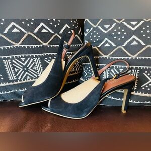 NWOT Cole Haan Grand.OS Open Toe Slingback Pumps in Black Suede | Size 8.5M
